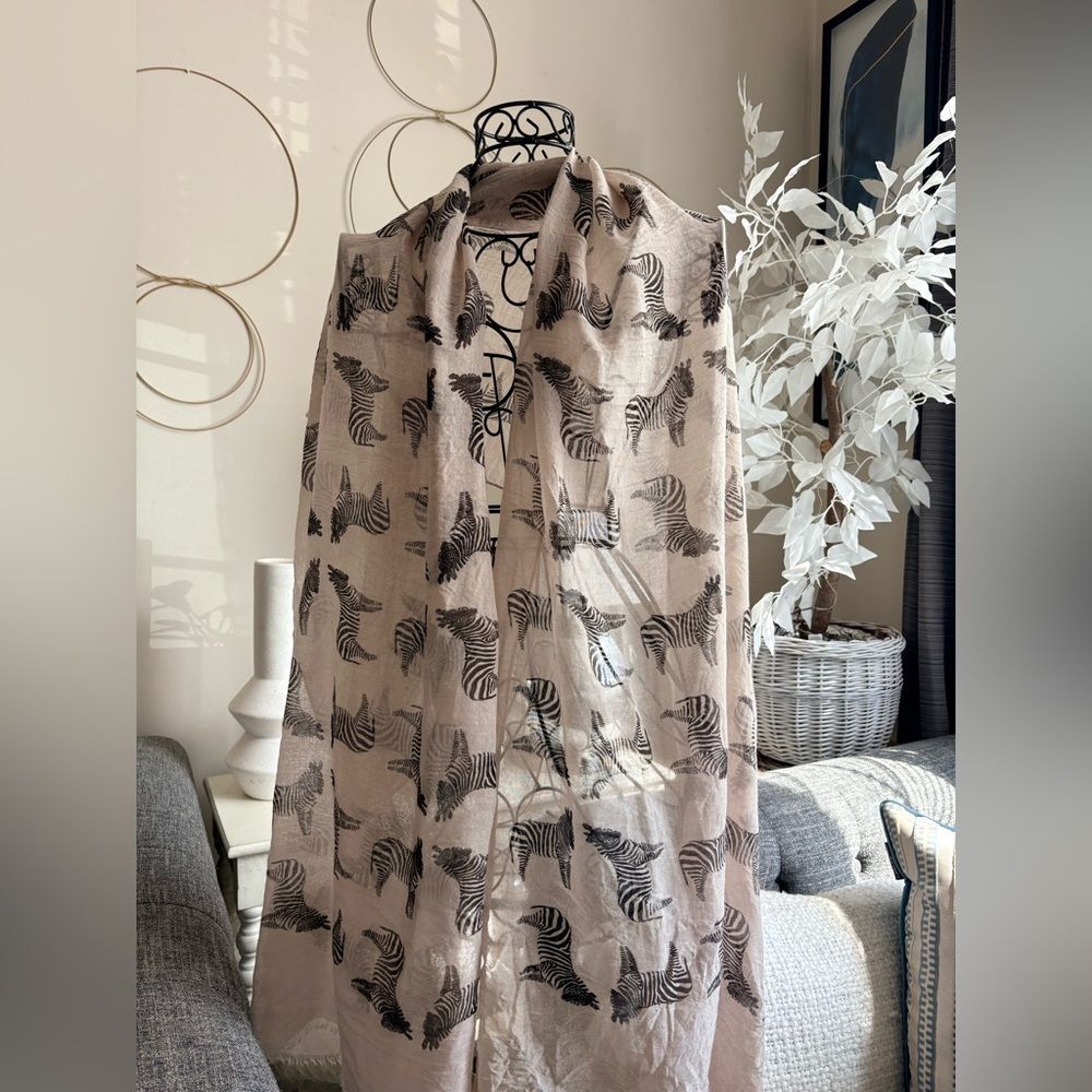 NWT Tickled Pink Black & Tan Zebra Print Wrap Scarf Size 27”x 76” - Picture 6 of 10